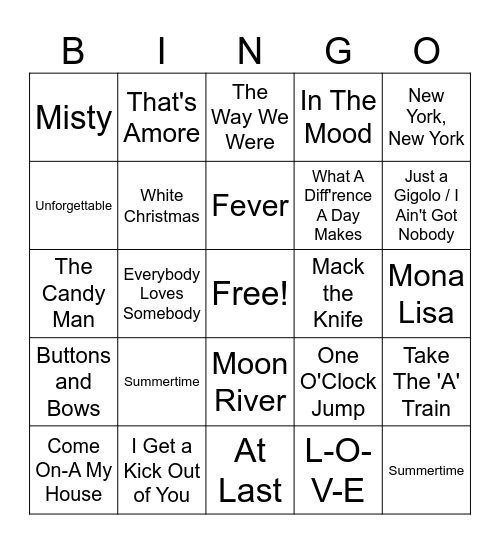The Great American Songbook Bingo Card