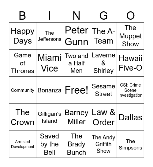 TV Themes Bingo Card