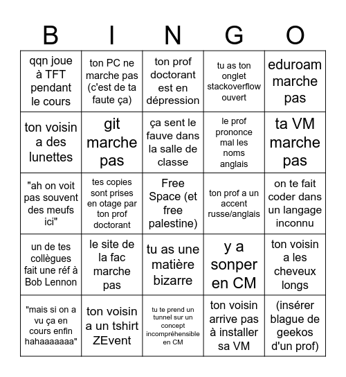 journée de cours en Licence d'info Bingo Card