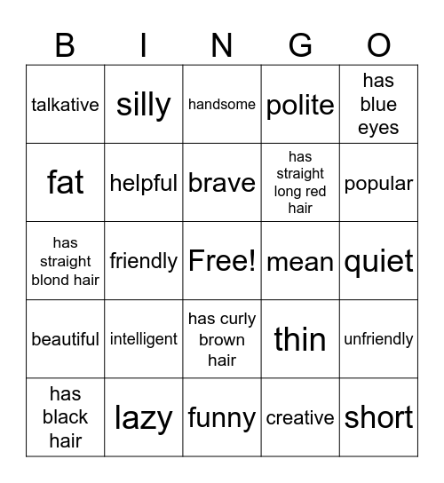 Describing People Bingo Card