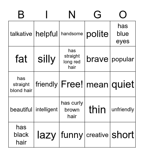 Describing People Bingo Card