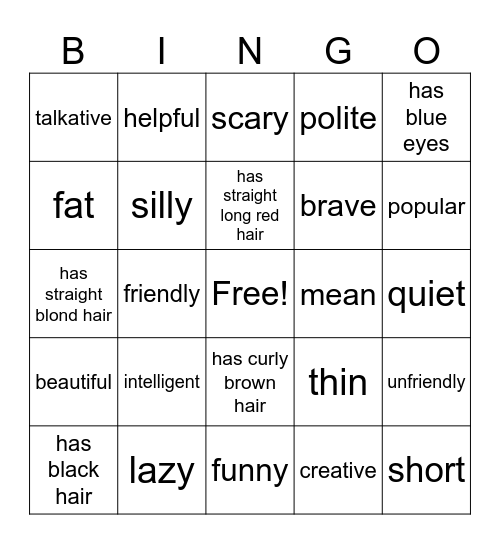 Describing People Bingo Card