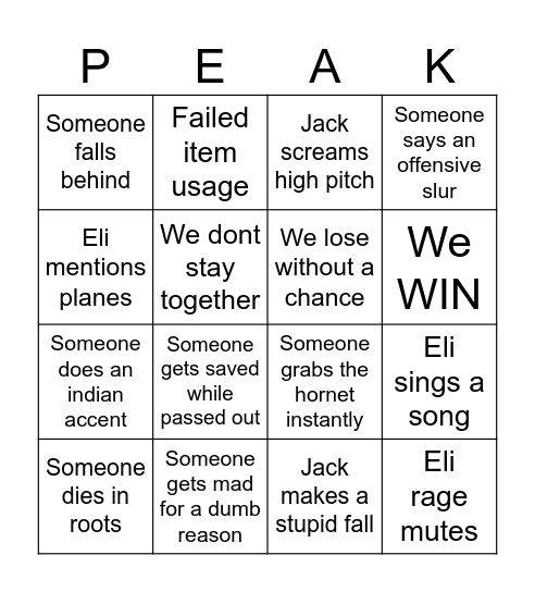 Peak bingo Card
