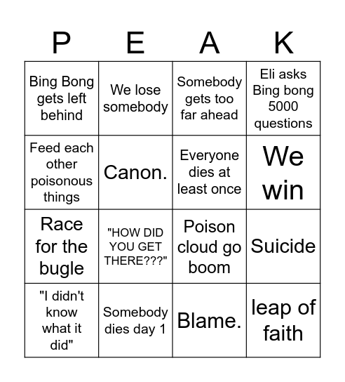 PEAK Bingo Card