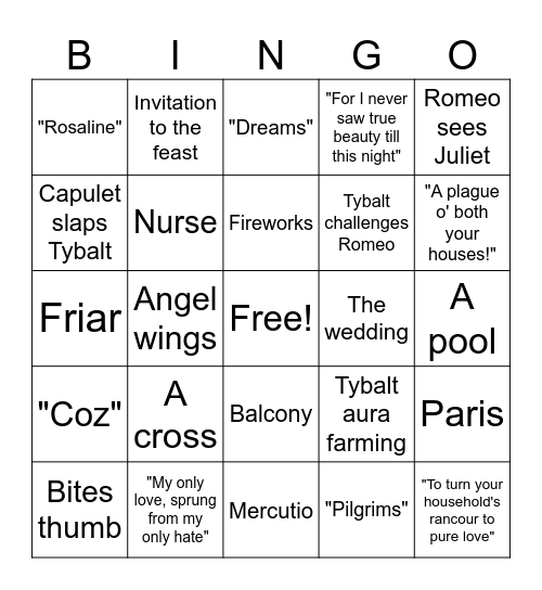 Romeo + Juliet Bingo Card