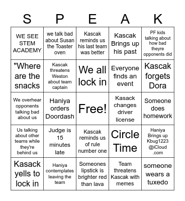 SAD SPEAK bingo Card