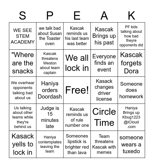 SAD SPEAK bingo Card