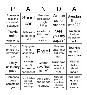 Front of house panda Bingo Card