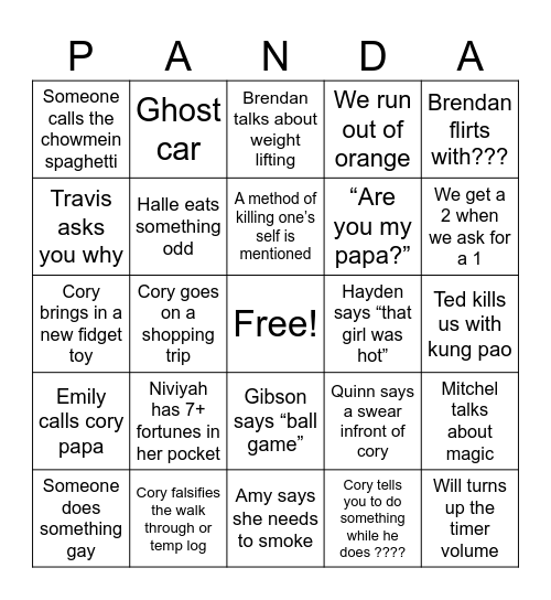 Front of house panda Bingo Card