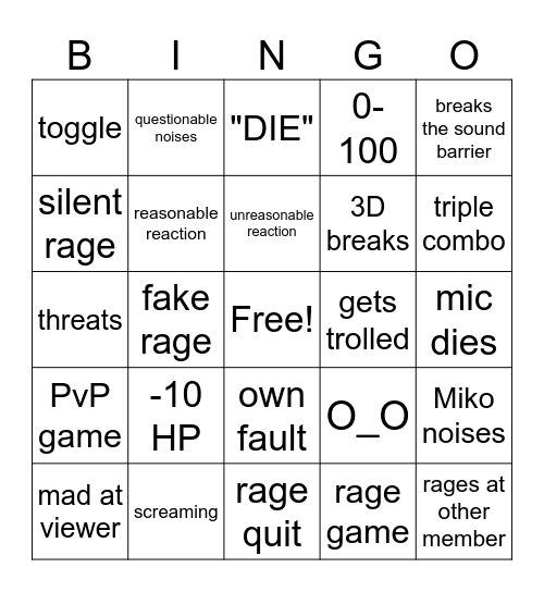 Hololive Rage Bingo Card