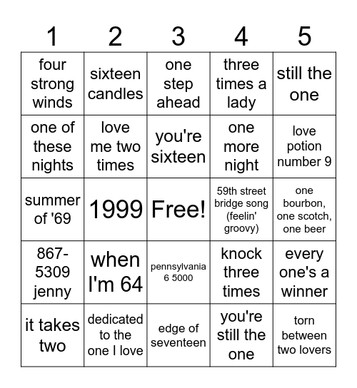 Song Titles with Numbers Bingo Card
