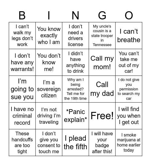 Under Arrest( Bingo Card