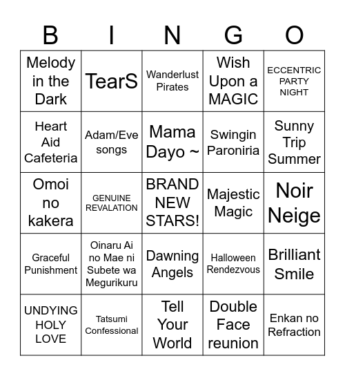 Starry Symphony Day 2 Setlist Bingo Card