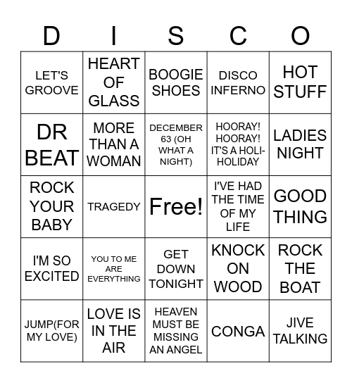 Disco Fever Bingo Card