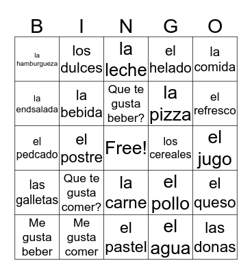 Food in Spanish Bingo Card