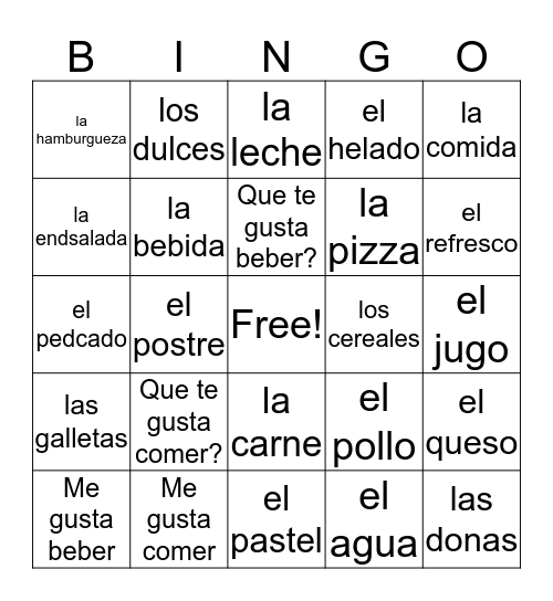 Food in Spanish Bingo Card
