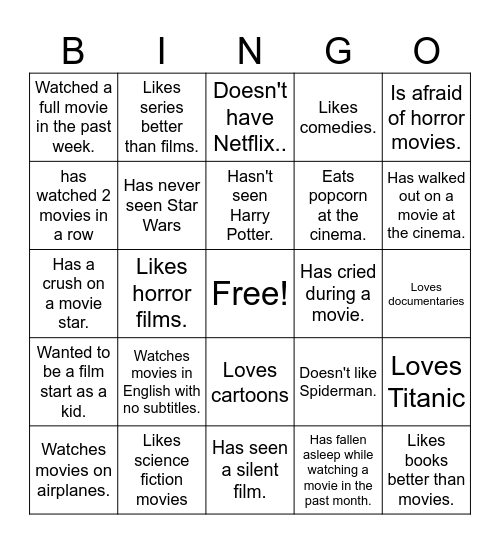 Find Someone Who- Cinema Edition! Bingo Card