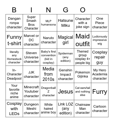 2024 Convention Cosplay Bingo Card