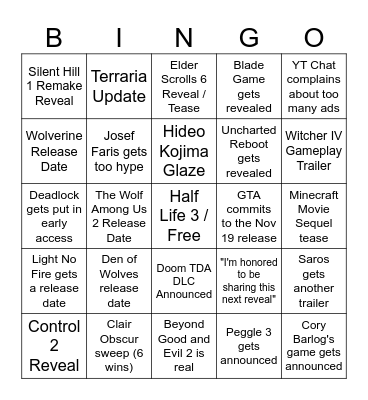 TGA Predictions Bingo Card