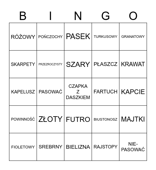 ODZIEŻ, KOLORY II Bingo Card