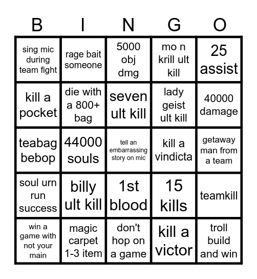 Deadlock Bingo Card