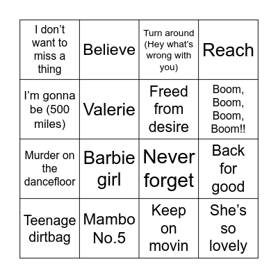 Bangers Bingo 90s & 00s Bingo Card