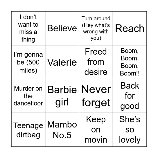Bangers Bingo 90s & 00s Bingo Card