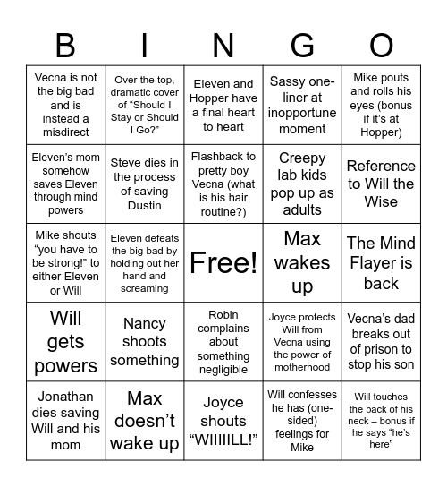 Stranger Things Season 5 Bingo Card