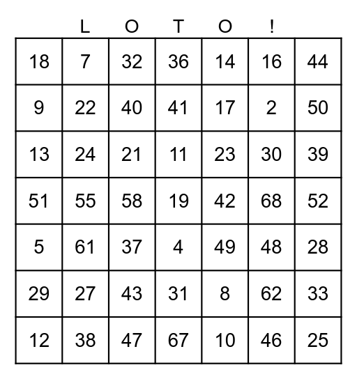 French Numbers 0-69 Bingo Card