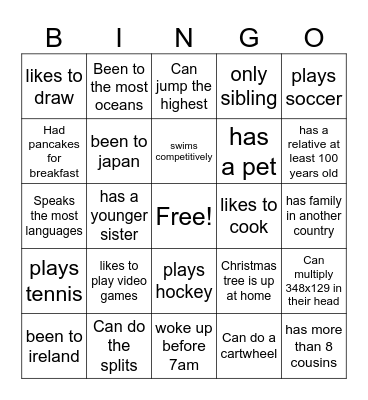 Get to know you Bingo Card