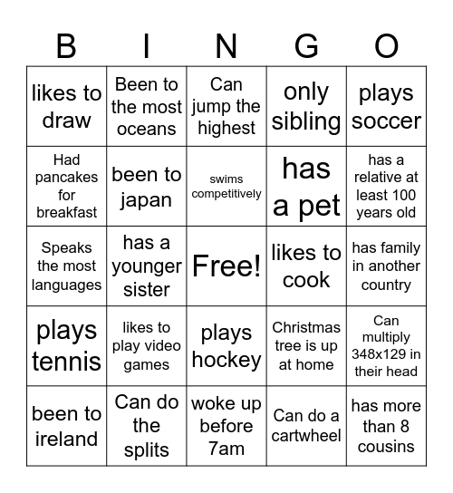 Get to know you Bingo Card