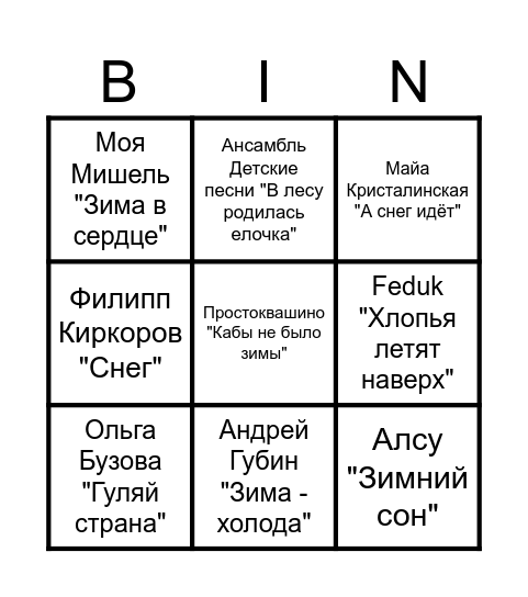 Новогоднее музыкальное бинго Bingo Card