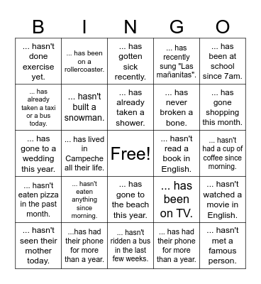 Present Perfect Bingo Card