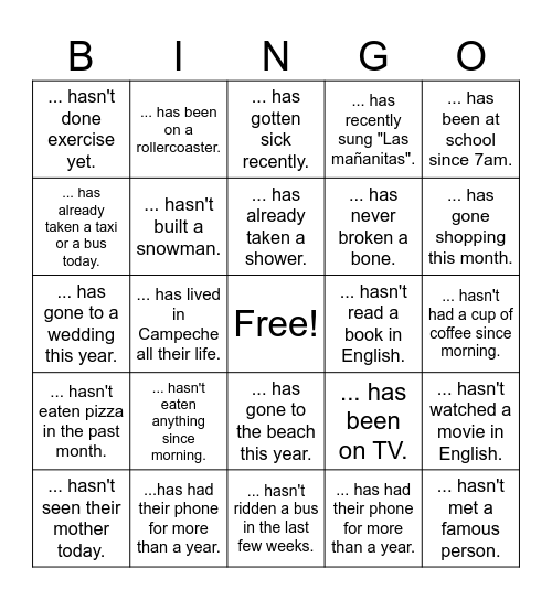 Present Perfect Bingo Card
