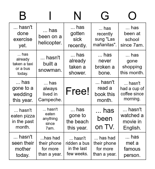 Present Perfect Bingo Card