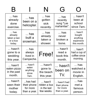 Present Perfect Bingo Card