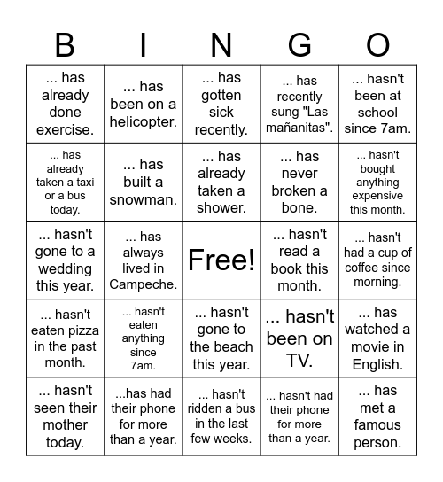 Present Perfect Bingo Card