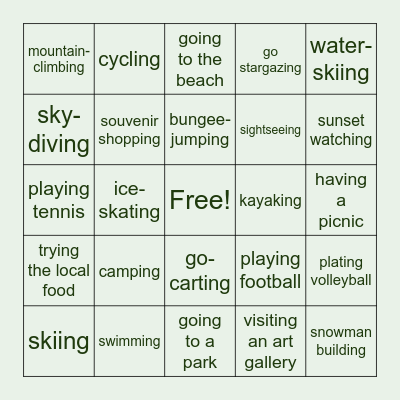 Holiday activities Bingo Card