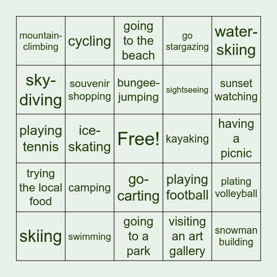 Holiday activities Bingo Card