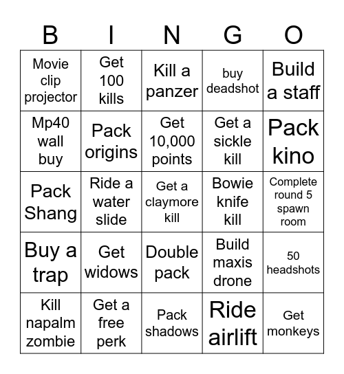 Zombies bingo Card