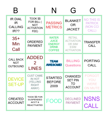 TEAM AWESOME Bingo Card
