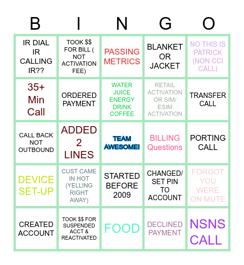 TEAM AWESOME Bingo Card