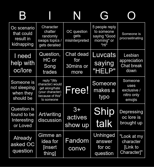 AF Character Chatter Bingo Card
