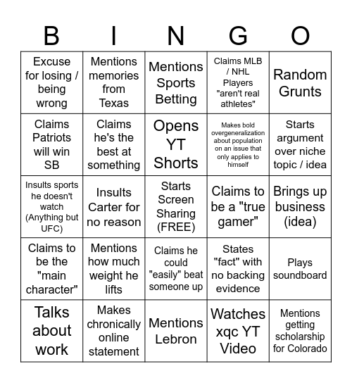 Jaxson Activities Bingo Card
