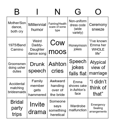 Ash’s Wedding Bingo Card