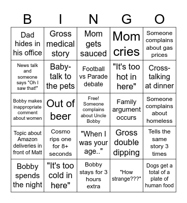 Thanksgiving Dysfunctional Family Bingo! Bingo Card