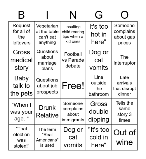 Thanksgiving Dysfunctional Family Bingo! Bingo Card
