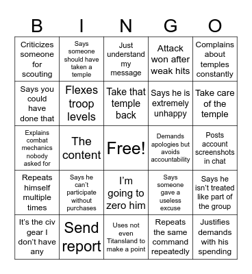 Titansland Bingo Card