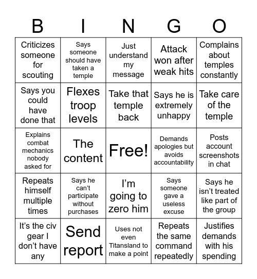 Titansland Bingo Card