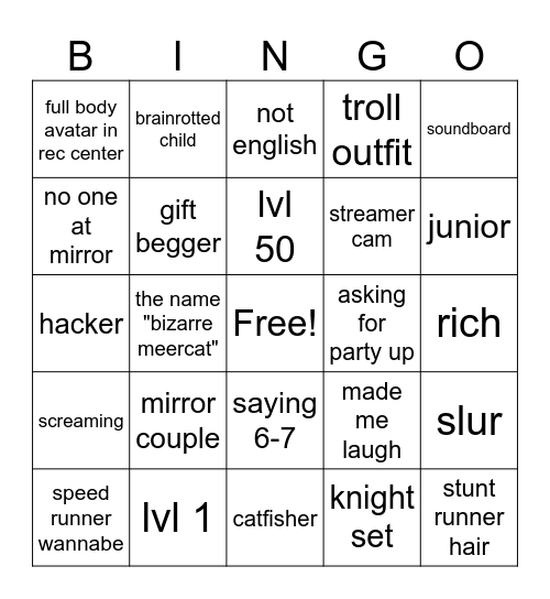 rec room bingo Card